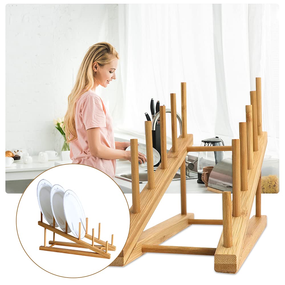 TIE-DailyNec 2 PCS Wooden Dish Rack Bamboo Drying Rack Stand Pot Lid Holder Kitchen Cabinet Organizer for Dish Plate Bowl Cup Pot Lid Cutting Board TIE-DailyNec
