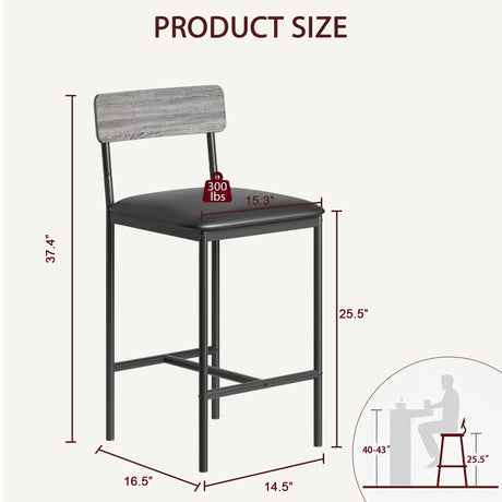 Amyove Bar Stools Set of 2, Upholstered Bar Chairs with Back, 25.5 Inches Kitchen Bar Stools with Footrest, Thick Cushion, Counter Height Barstools for Island, Counter Bar, Easy Assembly, Rustic Grey Amyove