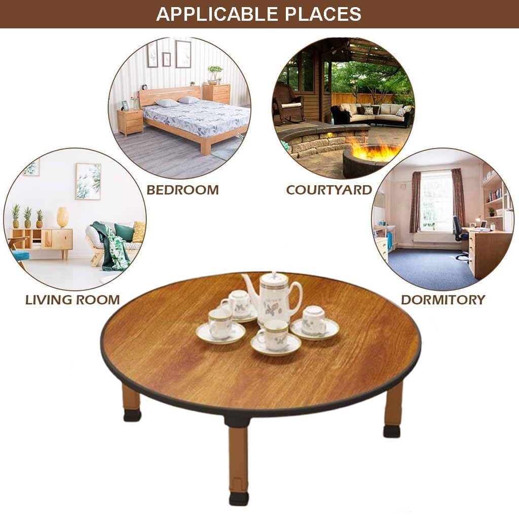 BUSVORES Japanese Foldable Coffee Table, Portable Low Tea Table Wooden Folding Dining Study Breakfast Serving Table Collapsable Small Desk Tatami Sitting On The Floor Table (23.6 * 11.8in, Round) BUSVORES