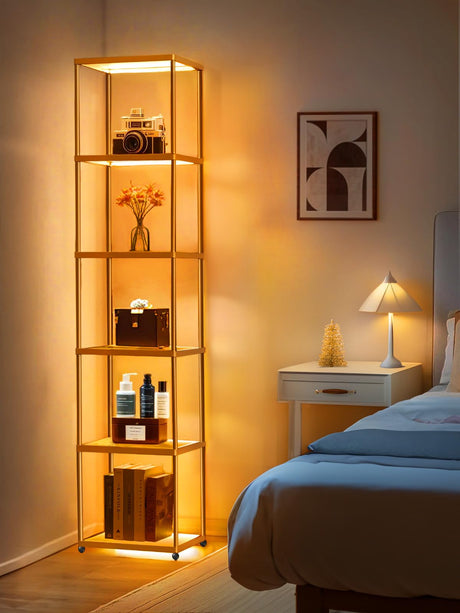 MANBUR Display Shelf with Dimmable LED Floor Lamp, Display Cabinet with Glass Bookcase, Home Decor, Bedroom Decor, Bookshelf with Light, Open Book Shelf with 6-Tier Shelf for Living Room Decor Gold MANBUR