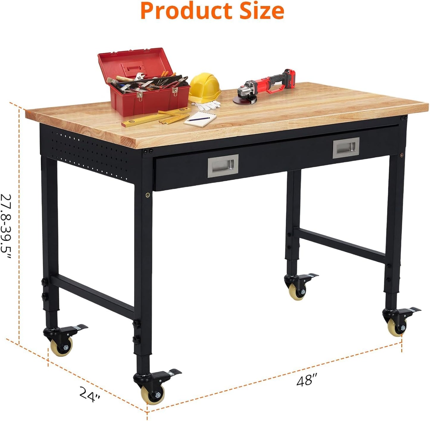 Workbench Adjustable Height 48" x 24" Worktable, Heavy Duty Rubber Wood Top Workbench with Drawer Storage, 2000 Lbs Load Capacity, Mobile Tool Storage Workstation with Power Outlets & Lockable Wheels