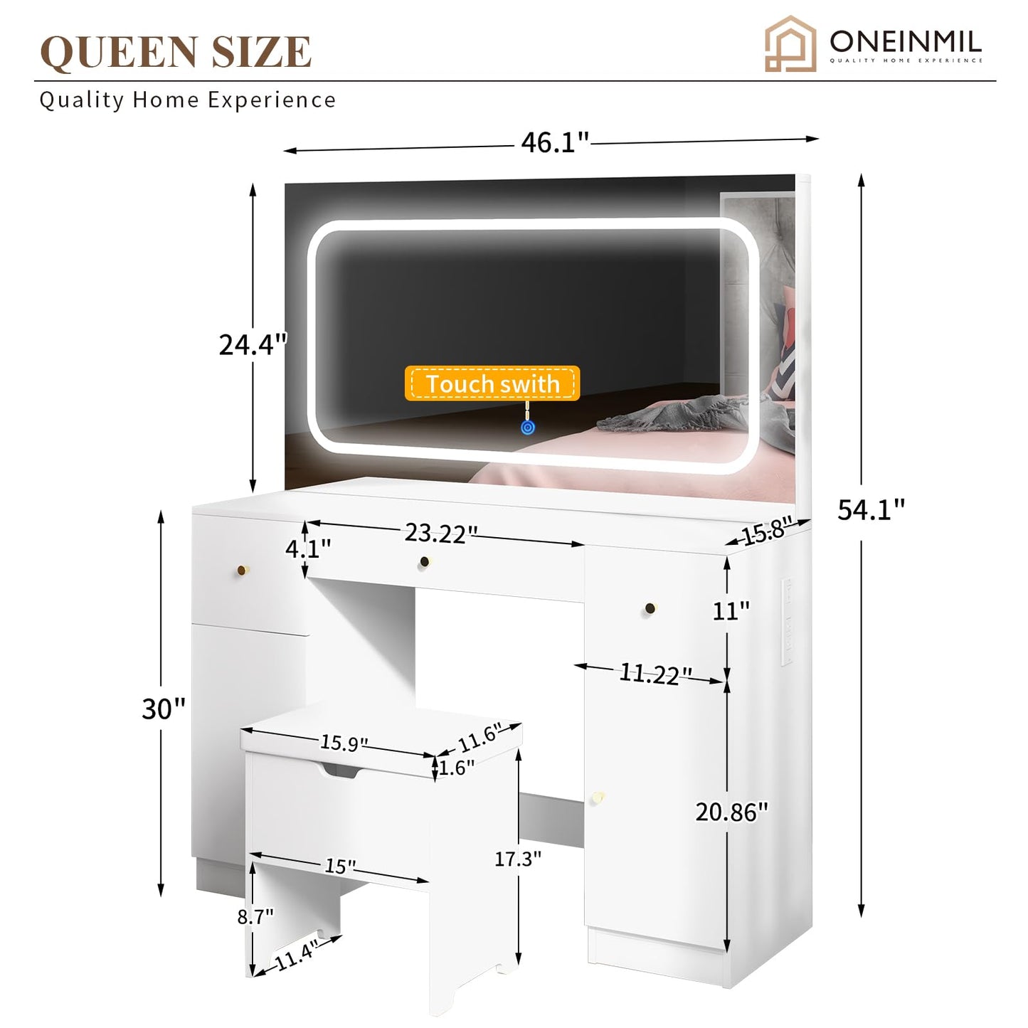 ClouDDwell Makeup Vanity Desk with Large Mirror and LED Lights, 3 Lighting Modes and Power Outlet. Makeup Vanity with 3 drawers,2 Cabinets and chair,Stool with storage,for bedroom, white.