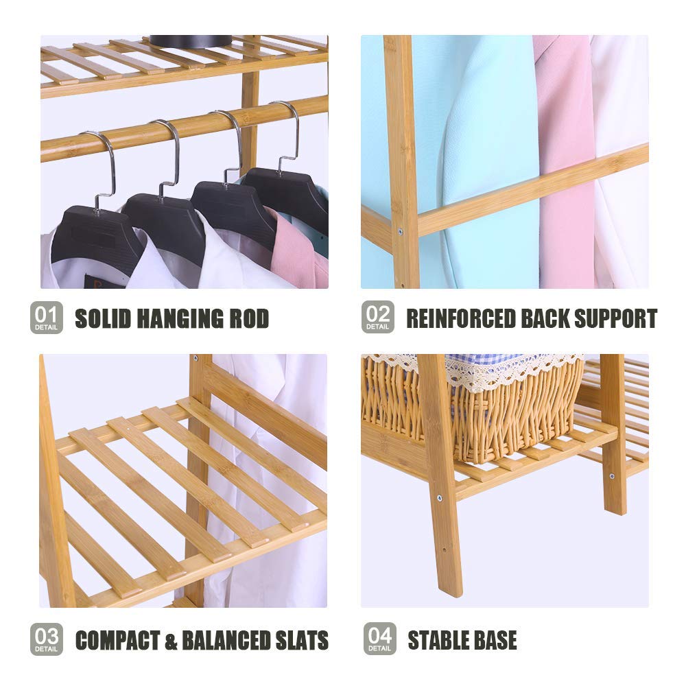 Ufine Bamboo Garment Rack 7-Tier Storage Shelves Clothes Hanging Rack, Heavy Duty Clothing Rack Minimalism Wardrobe Closet Organizer for Indoor Ufine