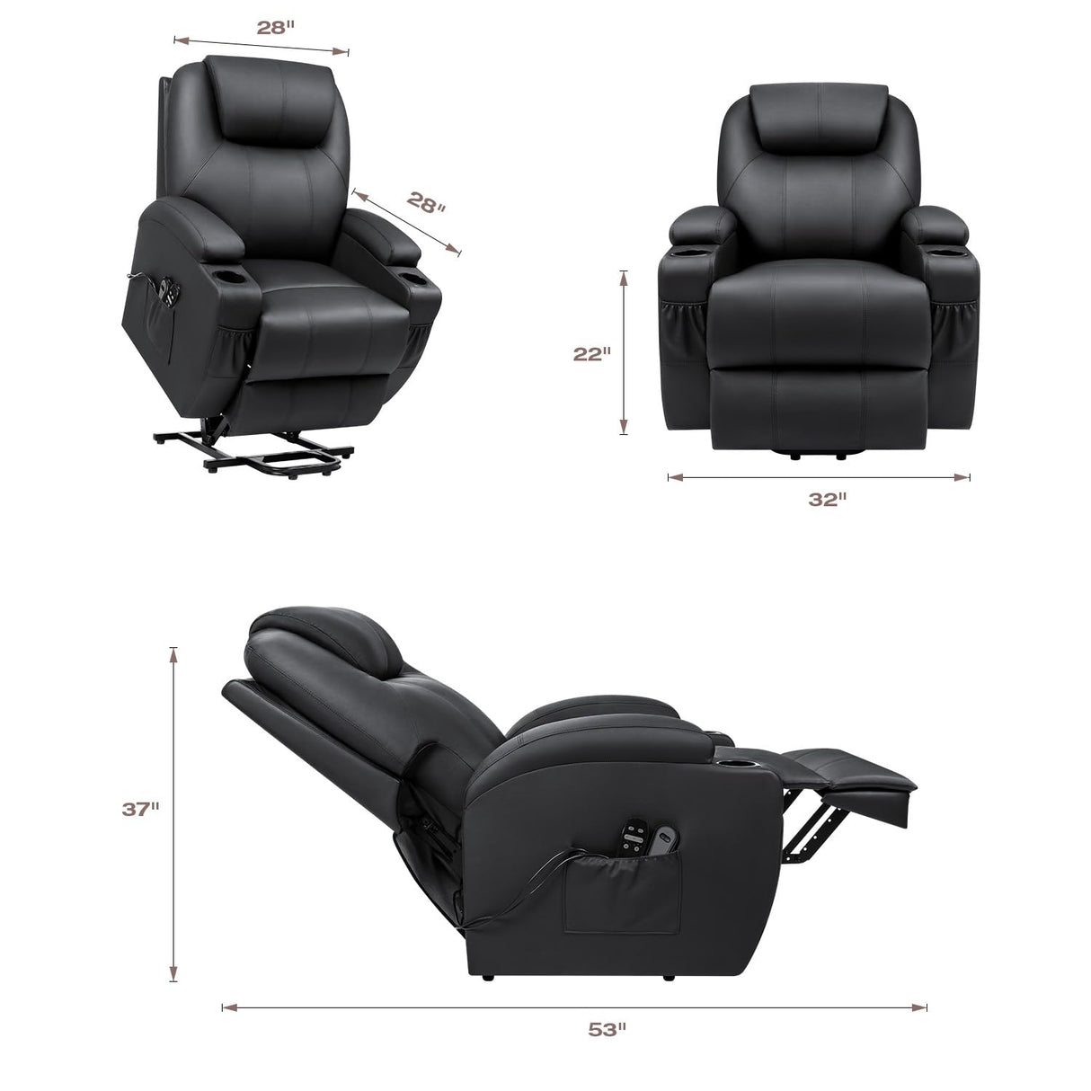 VICTONE Electric Power Lift Recliner Chair for Elderly Reclining Sofa for Living Room with Massage, Side Pockets and Cup Holders (Leather, Black) VICTONE