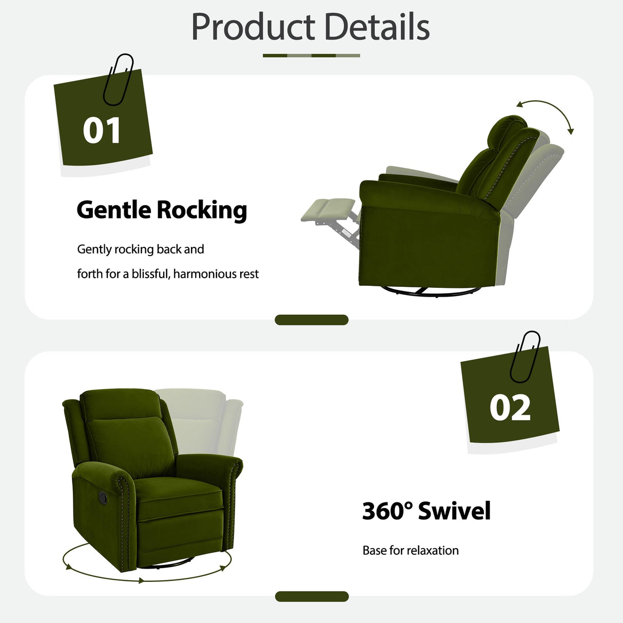 360° Swivel Recliner Chair with Adjustable Backrest, Manual Rocking Recliner Home Theater Manual Recliner Chair with Metal Base and Velvet Fabric for Living Room (Green, 2) JIVOIT