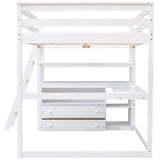 Merax Full Size Loft Bed with Desk Wood Loft Bed Frame with Shelves, and 2 Built-in Drawers, White Merax