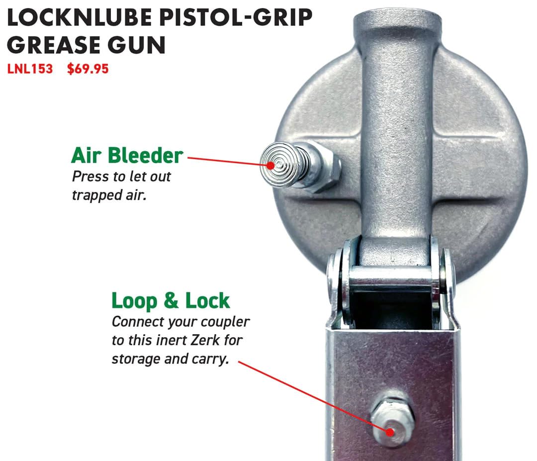 LockNLube Heavy-Duty Pistol Grip Grease Gun. Includes our patented LockNLube® Grease Coupler (Locks On, Stays On, Won't Leak!) plus a high-quality 20" hose and in-line hose swivel - WoodArtSupply