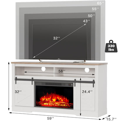 YESHOMY Fireplace TV Stand for Television up to 65+ Inch with Storage and Farmhouse Sliding Barn Doors, Entertainment Center with Cabinet and Shelves, Media Console for Living Room, White