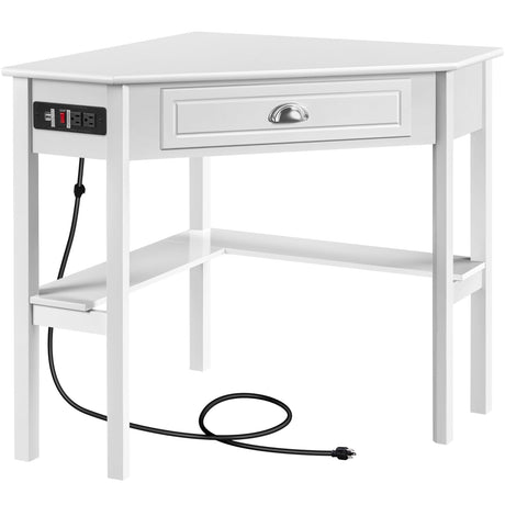 Yaheetech L Shaped Corner Computer Desk with Power Outlets, Reversible Triangle Workstation with USB Ports and Hook for Small Space, Modern Home Office Desk Gaming Table with Drawer & Shelf, White Yaheetech