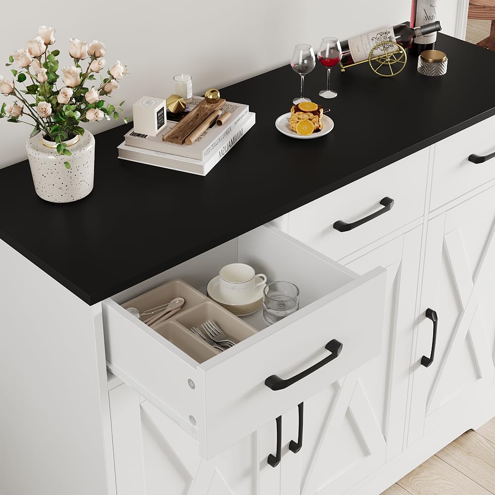 HOSTACK Modern Farmhouse Buffet Sideboard Cabinet, Barn Doors Storage Cabinet with Drawers and Shelves, Wood Coffee Bar Cabinet with Storage for Dining Room, Kitchen, Living Room, White/Black HOSTACK