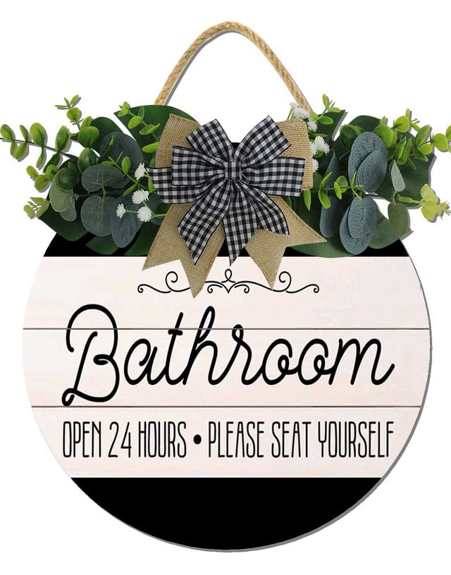 Bathroom Decor,Bathroom Open 24 Hours Please Seat Yourself Sign,Rustic Round Wooden Wreath Sign,Modern Farmhouse Home Accent For All The Seasons Hilonret