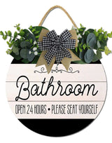 Bathroom Decor,Bathroom Open 24 Hours Please Seat Yourself Sign,Rustic Round Wooden Wreath Sign,Modern Farmhouse Home Accent For All The Seasons Hilonret