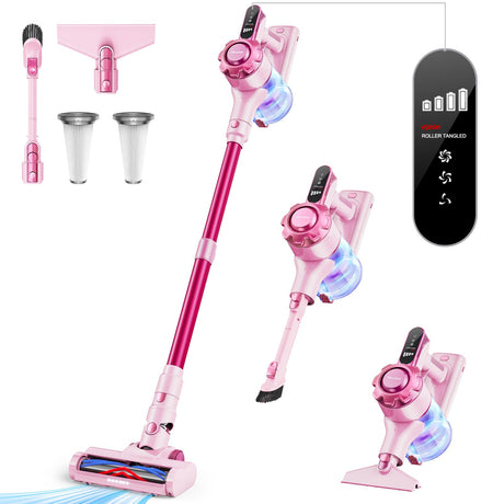 Trucozie Cordless Vacuum Cleaner, 8-in-1 Lightweight Stick Vacuum with 45mins Runtime, Powerful Suction, Rechargeable Cordless Vacuum for Carpet, Tile, Pet Hair, Hardwood Floors, Pink Trucozie