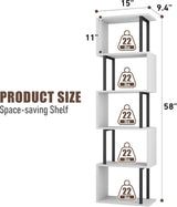 Gadroad 5-Tier Bookshelf, Narrow S-Shaped Geometric Bookcase, Wood Decorative Storage Shelving, Modern Freestanding Display Shelves, Book Shelf Unit for Living Room Bedroom Home Office, White Gadroad