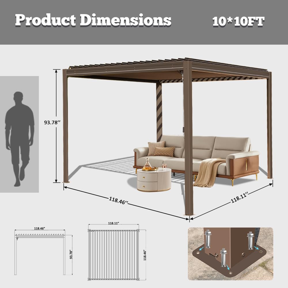 Domi Louvered Pergola 10' x 10' Outdoor Aluminum Pergola with Adjustable Roof, Aluminum Frame, Efficient Drainage System for Patio, Deck, Garden, Brown domi outdoor living