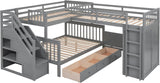 MERITLINE Twin-Twin Over Full Triple Bunk Bed with Storage Stairs,Wardrobe and Desk,Solid Wood L-Shaped 3 Bunk Bed with Ladder,Shelves,Headboard,Guardrail,No Box Spring Needed (Grey) MERITLINE