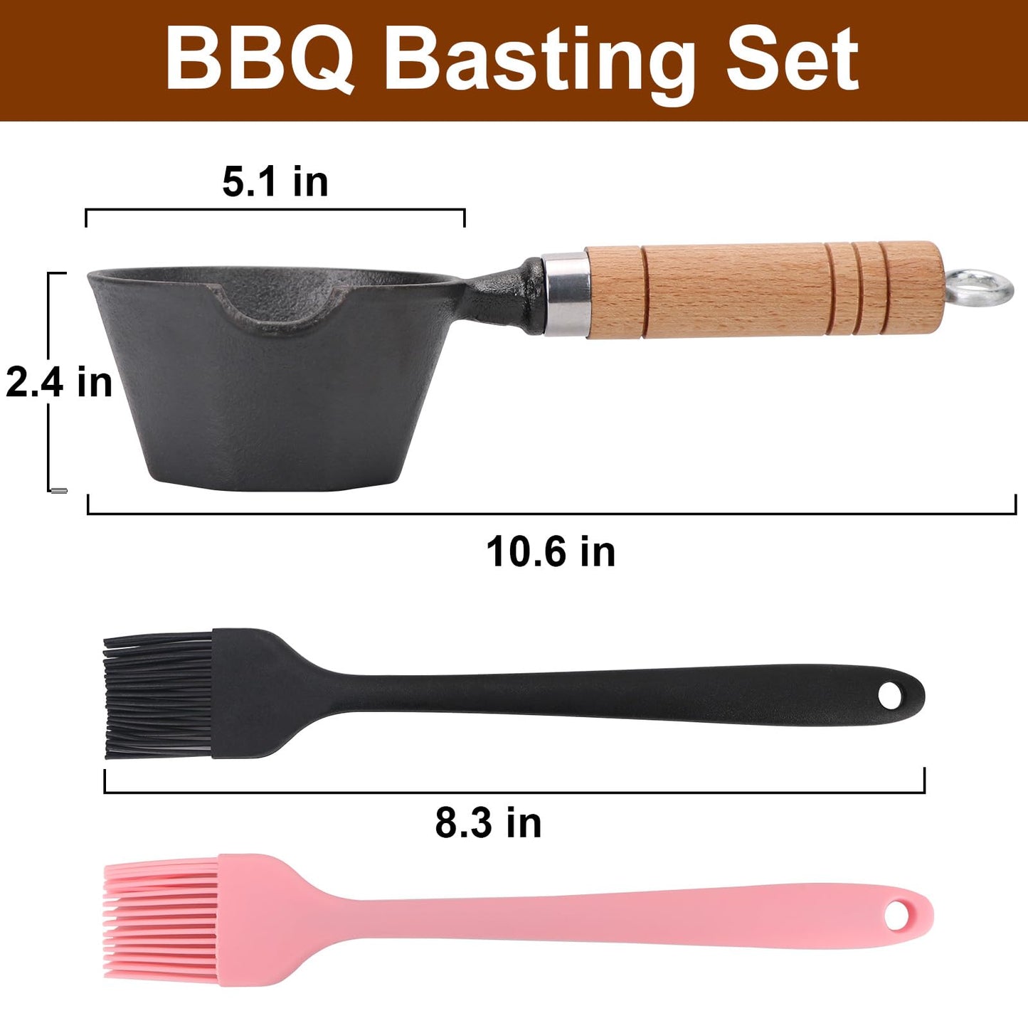 Cast Iron Basting Pot with 2 Pcs Long Handle Silicone Brush for Grill, Smoker and Stove, BBQ Basting Set Ideal for Melting & Simmering Sauces, Butter, Mini Cast Iron Bowl for Outdoor Cooking