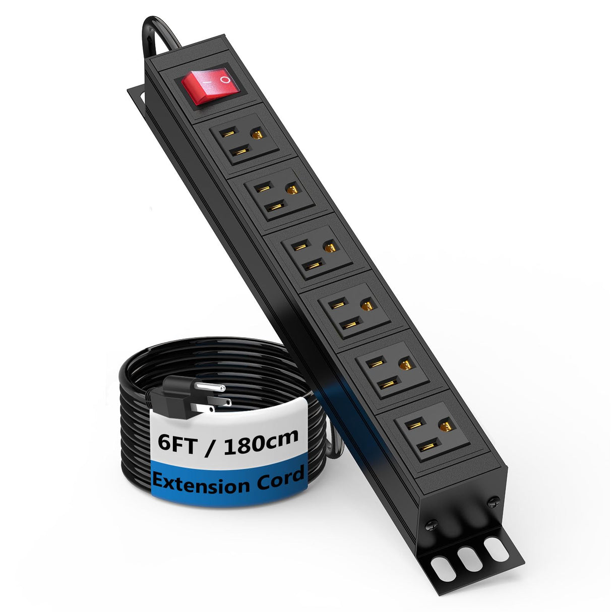 BTU 6 Outlet Power Strip, Metal Mountable Power Strip Surge Protector, Heavy Duty Wall Mount Power Outlet for Commercial, Industrial, Workshop, 6FT Power Cord, 15A/125V 1875W (Black 6FT) BTU