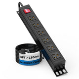 BTU 6 Outlet Power Strip, Metal Mountable Power Strip Surge Protector, Heavy Duty Wall Mount Power Outlet for Commercial, Industrial, Workshop, 6FT Power Cord, 15A/125V 1875W (Black 6FT) BTU