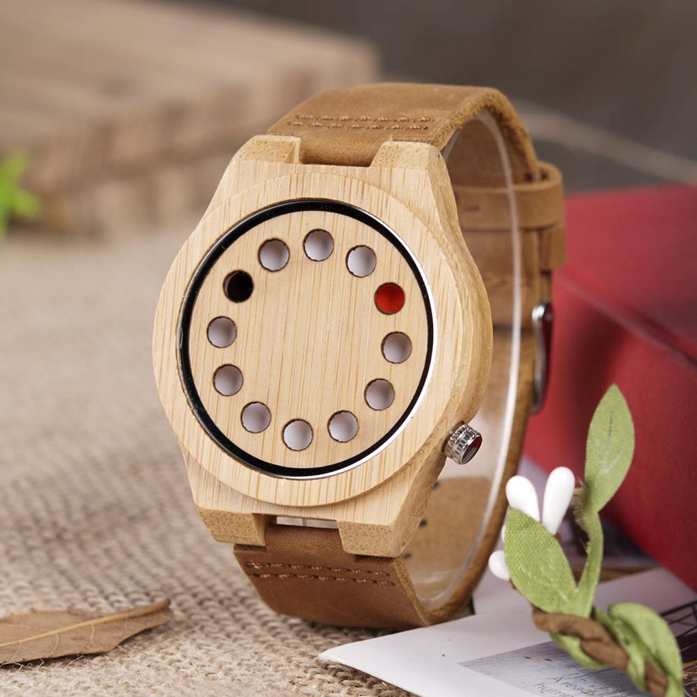 BOBO BIRD Men's Bamboo Wooden Watch with Black Cowhide Leather Strap 12 Holes Timer Design Sports Casual Watches (Brown Cat-Eye) BOBO BIRD