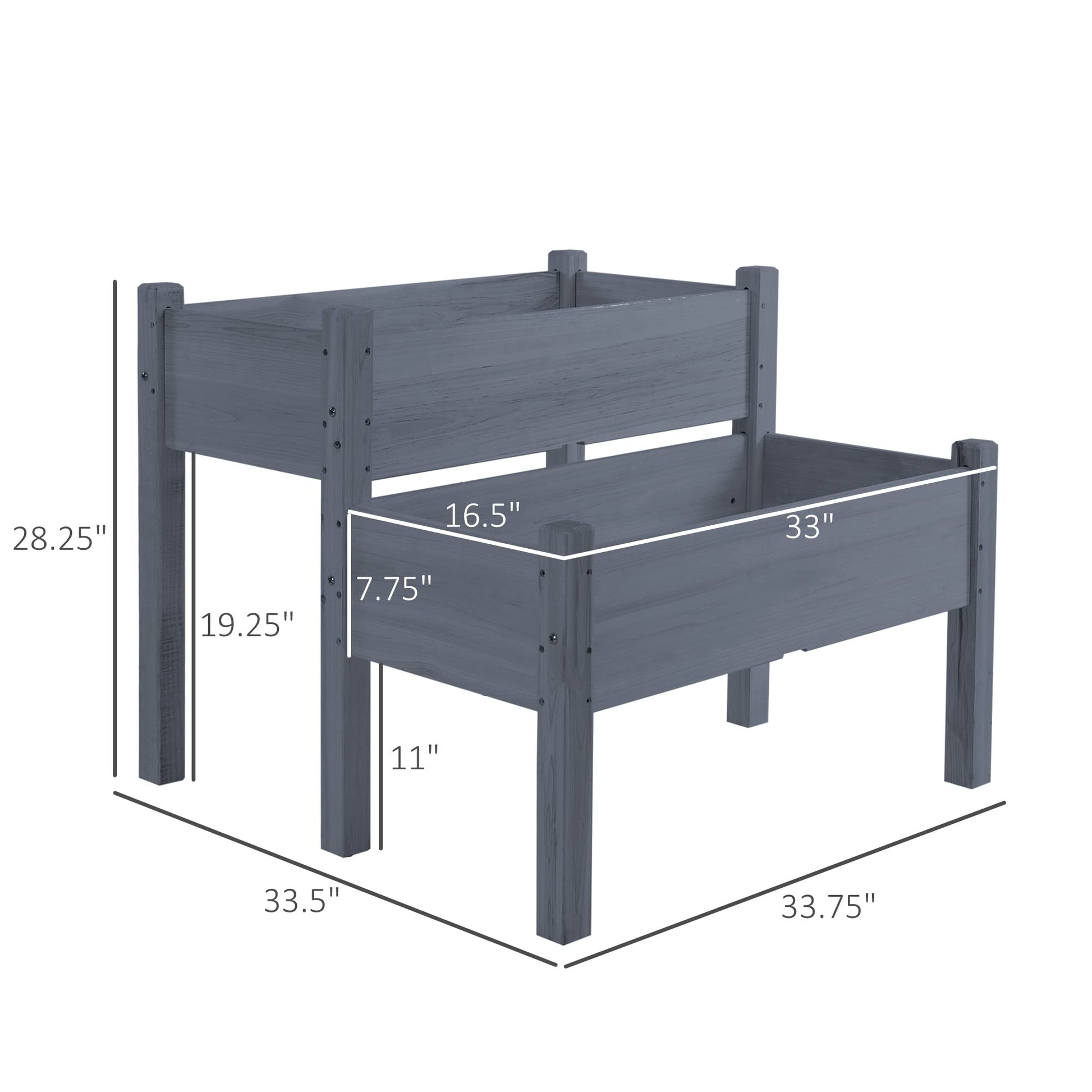 Outsunny 34"x34"x28" Raised Garden Bed, 2-Tier Elevated Wood Planter Box for Backyard, Patio to Grow Vegetables, Herbs, and Flowers, Gray - WoodArtSupply