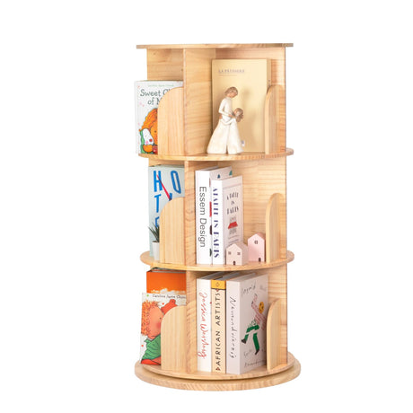 OOOK Solid Wood Rotating Bookshelf for Kids, Spinning Bookshelf Tower with Large Capacity for Small Space, 360° Display 3 Tier Thick Corner Shelf with Texture for Bedroom, Reading Room, Living Room OOOK