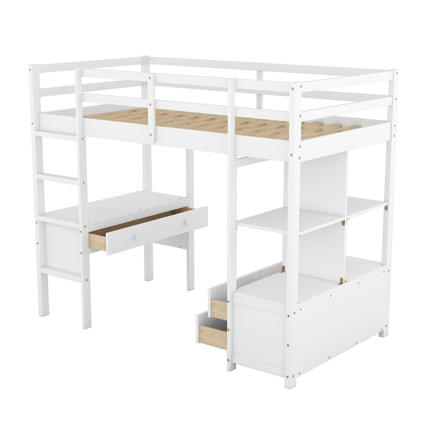 Twin Size Loft Bed with Storage Cabinet and Desk, Wooden Twin Loft Beds Frame with Bookcase and Shelves, Modern Twin Loft Bunk Bed for Kids Teens Adults Boys & Girls (Twin Size, White)