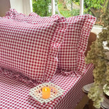 NSNLGSGC Red Gingham Ruffle King Sheet Set, Red Soft Pre-Washed Microfiber Plaid King Bed Sheets, 4-Pieces Farmhouse Sheet Set with Deep Pocket NSNLGSGC