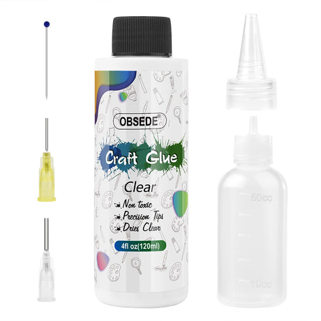 OBSEDE Craft Glue Dries Clear Art Adhesive 4fl oz/120ml with Fine Metal Tip Bottle Applicator Kit for DIY Crafts Glitter Paper Card Decoupage Scrapbooking OBSEDE