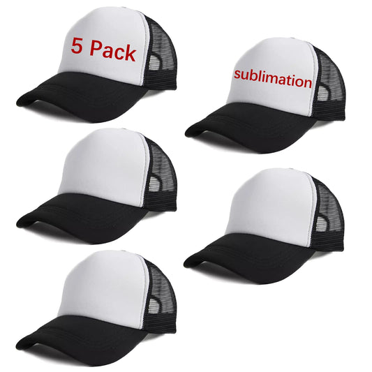 OKBA 5 Pack Sublimation Blank Baseball Cap Polyester Mesh Trucker Hat Adult Black White