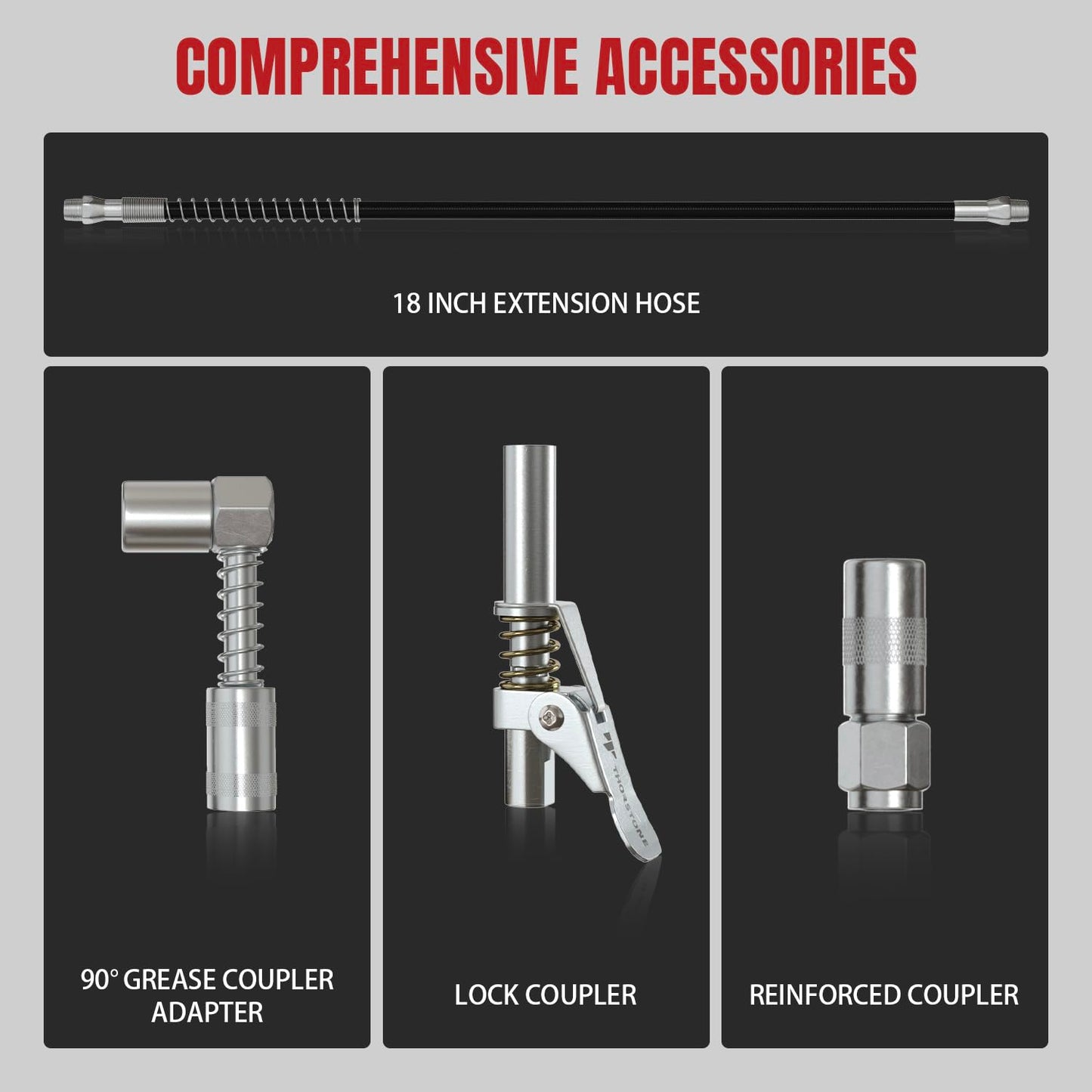 Thorstone Grease Gun Kit, 7000PSI Heavy Duty Pistol Grip Grease Guns Set | Loop & Lock Storage | 14oz Load Capacity | 18" Flex Hose | 1 Lock Coupler | 1 90 Degree Grease Coupler | 1 Basic Cou - WoodArtSupply