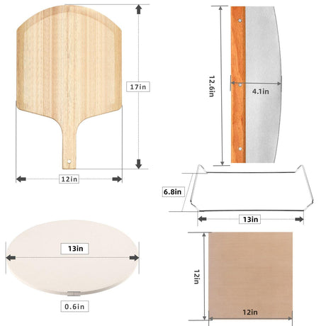 5 PCS Round Pizza Stone Set, 13" Pizza Stone for Oven and Grill with Pizza Peel(OAK),Serving Rack, Pizza Cutter & 10pcs Cooking Paper for Free, Baking Stone for Pizza, Bread Gyreuni