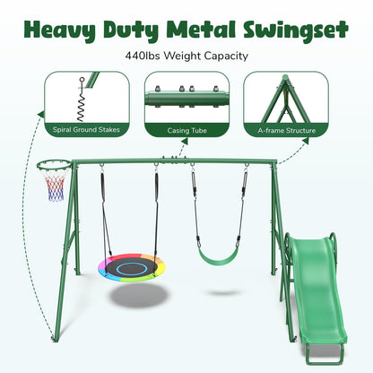 Hapfan 440lbs Swing Sets with Slide for Backyard, Swingset Outdoor for Kids, Heavy Duty Metal Playset, Saucer Swing, Belt Swing, Basketball Hoop