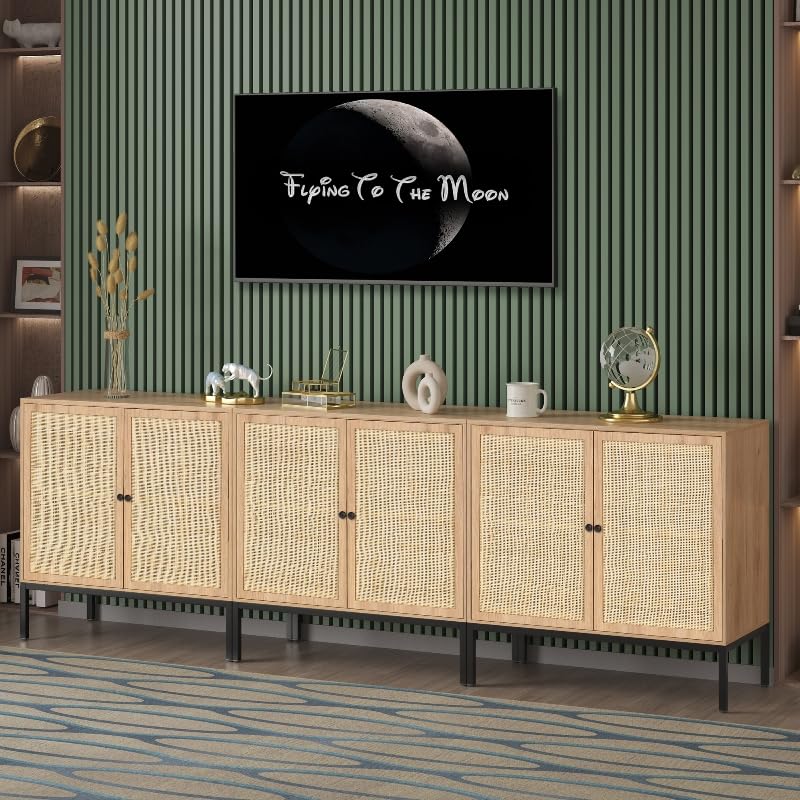 Yechen Set of 3 Rattan Cabinet, Sideboard Storage Cabinet with Handmade Natural Rattan Doors, Buffet Cabinet, Cane Credenza for Living Room, Dining Room, Entryway, Kitchen, Yechen