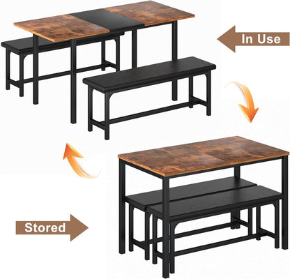 VECELO 3-Piece 63" Extendable Kitchen Table with Benches/Chairs Modern Breakfast Dinette/Dining Room Set for 4/6/2, Small Space Saving Design, Easy Assembly, Retro - WoodArtSupply