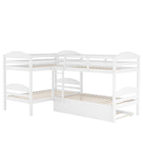 Bellemave Quad Bunk Bed with Trundle L-Shape Bunk Bed Twin Over Twin Corner Bunk Bed for 4 or 5 Kids Boys Girls Teens, White Bellemave