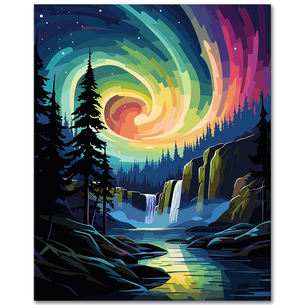 DIY Paint by Numbers Kit for Adults, Aurora Paint by Numbers, Night Landscape with Mountain Adult Paint by Numbers Kits on Canvas, 16X20 Inch Waterfall Paint by Numbers for Adults Beginner Kids Rebotipy