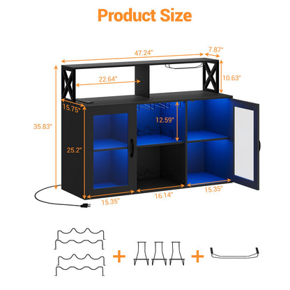 GarveeHome Bar Cabinet for Home, Liquor Cabinet with Power Outlets, Led Lights and and Glass Holder, Wine Cabinet with Storage, Wine Cabinet with Racks for Home, Kitchen Black