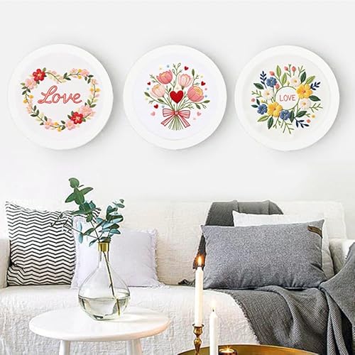 Konrisa 3pcs Love Flower Embroidery Kits for Beginners Adults, DIY Sewing Needlepoint Cross Stitch Kits for Anniversary Valentine's Day, Brithday, Christmas and Home Decoration