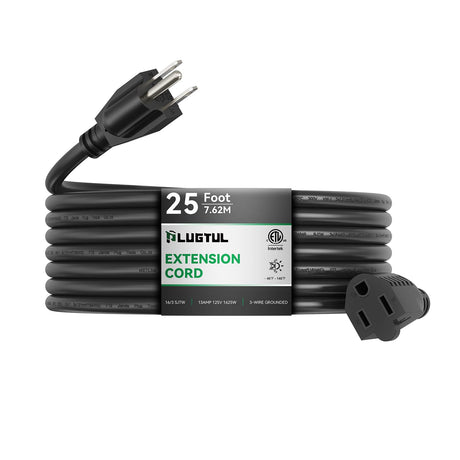 PLUGTUL Outdoor Extension Cord 25 FT Waterproof, 16/3 Gauge Black Heavy Duty 3 Prong Extension Cord, 13A 1625W SJTW, ETL Listed, Great for Garden and Home PLUGTUL