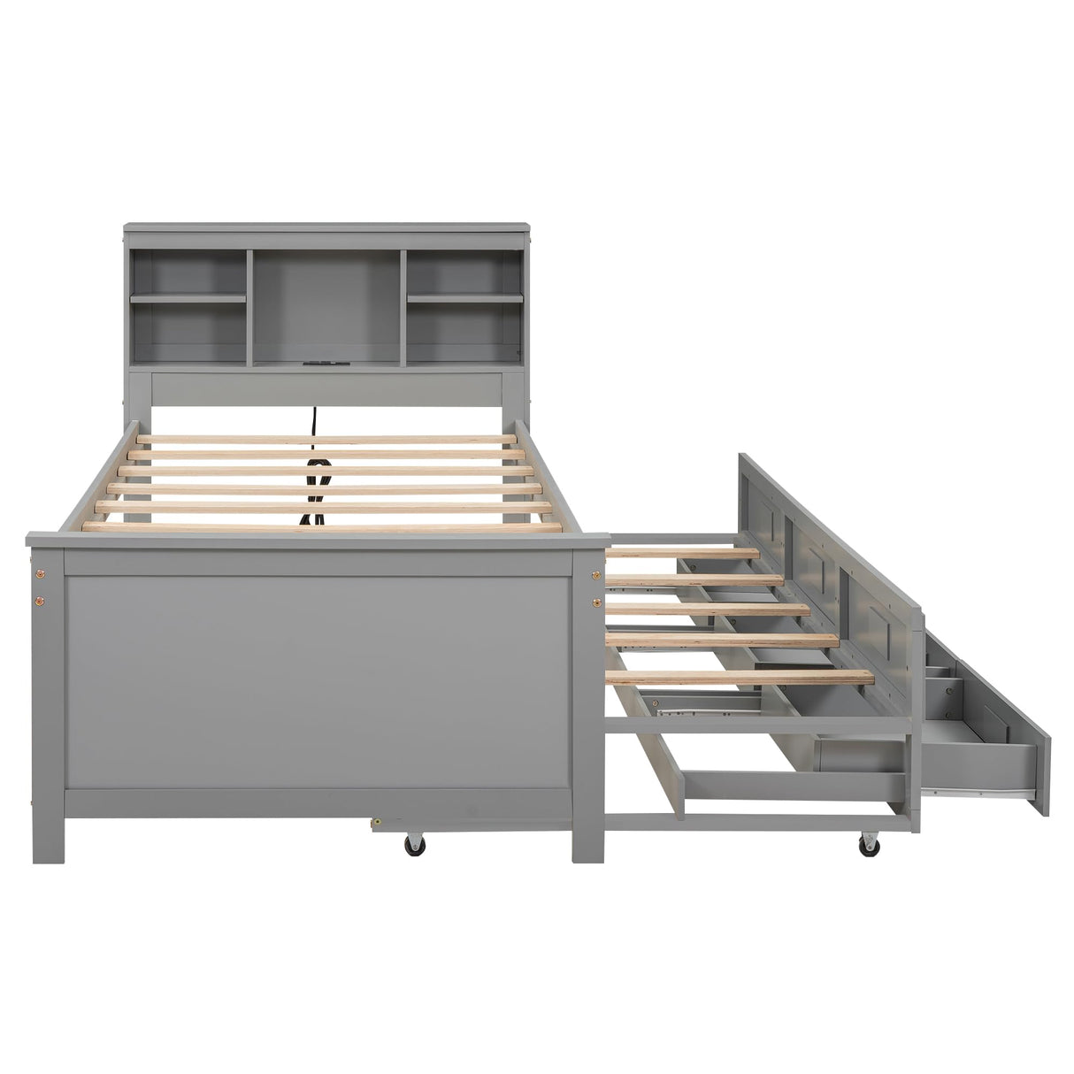 Twin Size Platform Bed with Storage Headboard, Twin Size Platform Bed with TwinSize Trundle and 3 Drawers&USB,Solid Wood Bed Frame with Storage Kids,No Box Spring Needed. (Gray) Bellemave