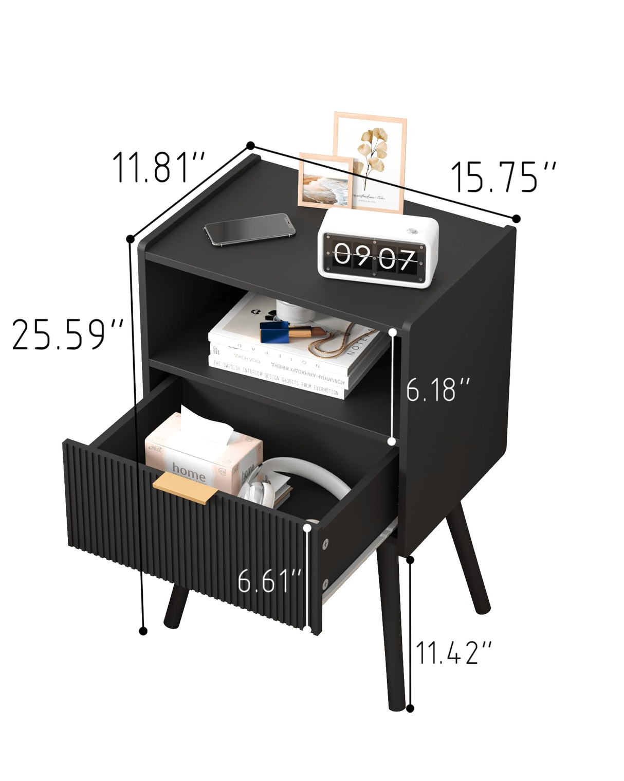 JOONEE Black Nightstand,Modern Bedside Table with Storage Drawer and Open Wood Shelf, for Living Room, Bedroom and Small Spaces, Accent Night Stand with Solid Wood Legs, Easy Assembly,Classic Black JOONEE