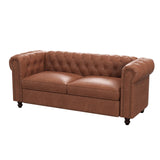 FiveWillowise 72 Inch Brown Couch, Chesterfield Faux Leather Sofa with Wooden Legs, Vintage Tufted Sofa with Rolled Arms, Mid Century Modern Couch with Rivets for Living Room, Apartment, Office FiveWillowise