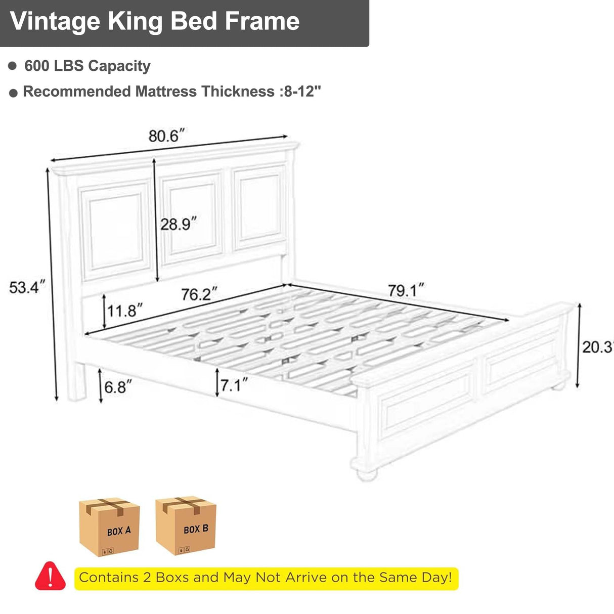 Mirightone King Size Platform Bed with Tall Headboard & Footboard in White Pinewood Mirightone