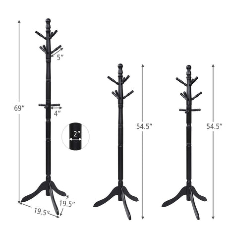 Tangkula Wood Coat Rack Freestanding, Entryway Height Adjustable Coat Stand with 9 Hooks & Stable Tri-Legged Base, Rubber Wood Coat Tree Hall Tree Coat Hanger Stand for Home Office Hall Entryway Tangkula