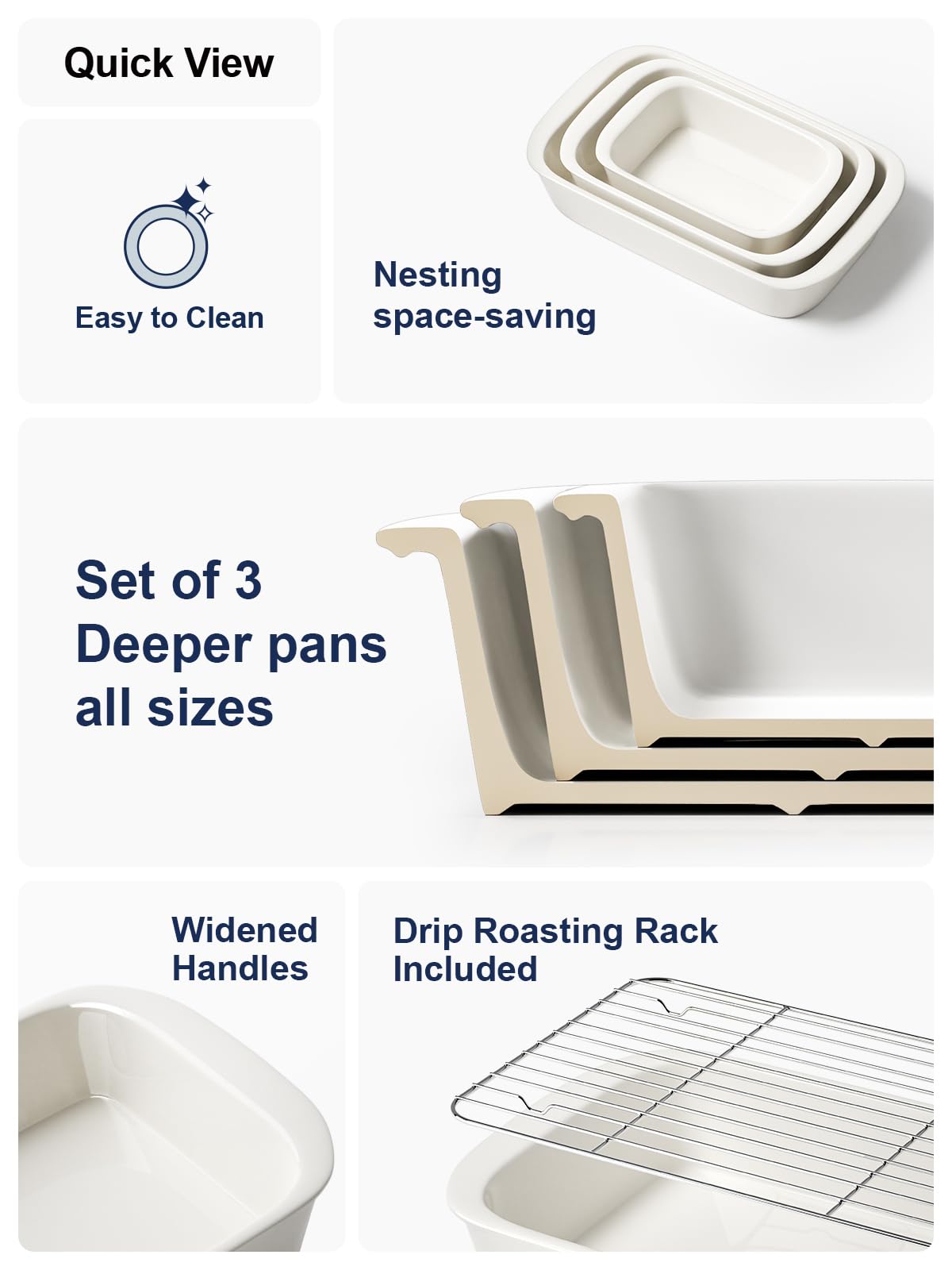 LE TAUCI Deep Casserole Dishes for Oven, 13.7”x9.6” Ceramic Baking Dish Set with Roasting Racks, Large Lasagna Pans with Handles, Rectangular Bakeware as Gift, White (4.6QT/3.0QT/1.6QT), Set of 3 LE TAUCI