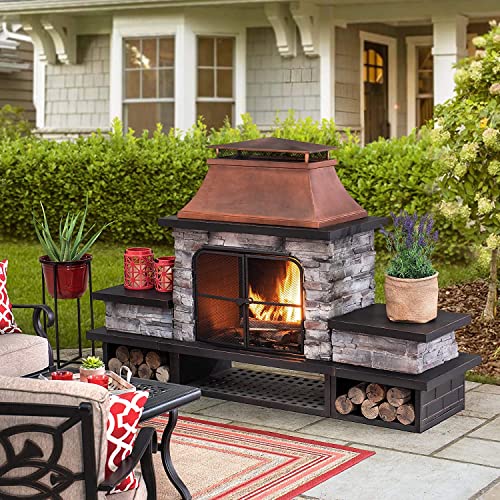 Sunjoy Outdoor Fireplace, Patio Wood Burning Fireplace with Steel Chimney, Mesh Spark Screen Doors, Fire Poker, and Removable Grate, Copper and Black Sunjoy