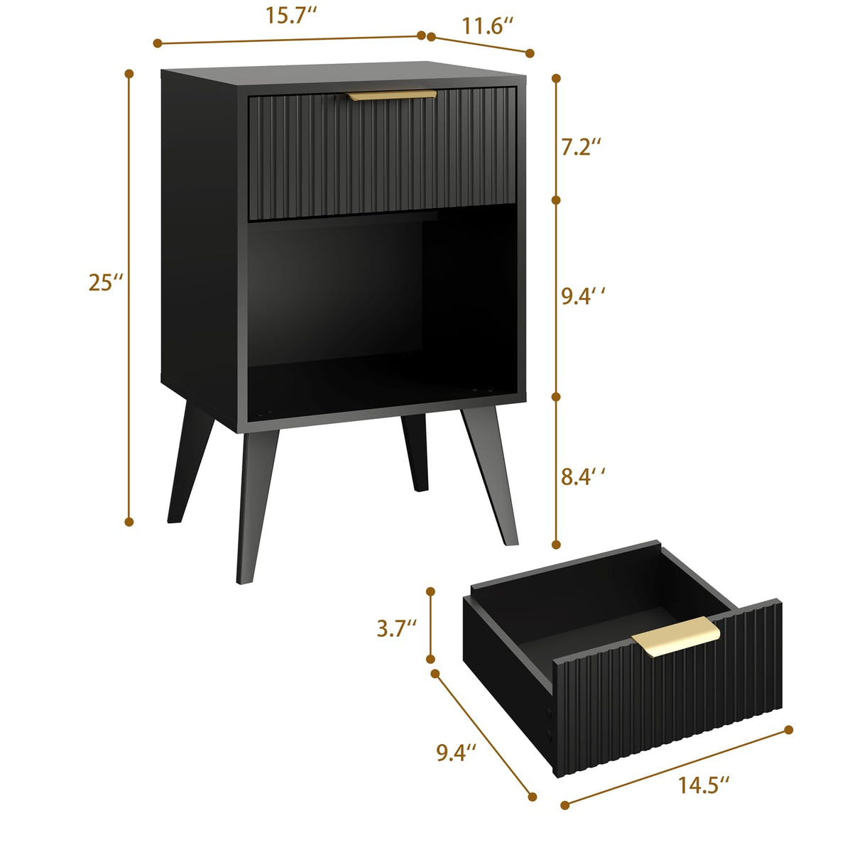 YAUKOMEL Fluted Night Stand with Opening Storage,Mid Century Bedside Table with Drawer,Modern Nightstand with Solid Wood Legs,End Table Side Table for Living Room,Bedroom,Black CTG56BK YAUKOMEL