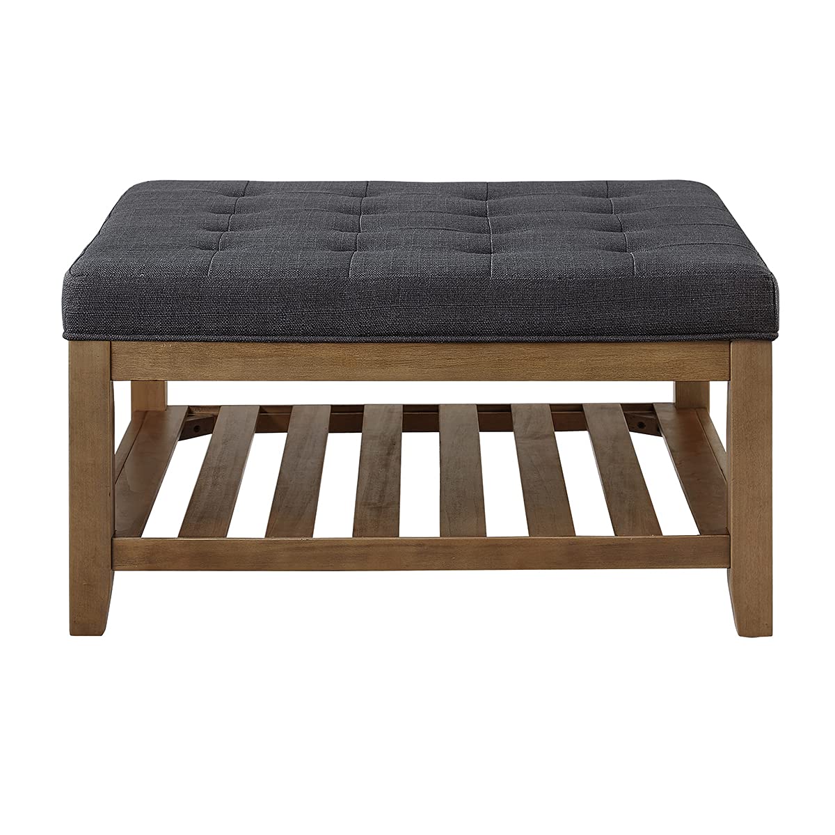 24KF Large Square Upholstered Tufted Linen Ottoman Coffee Table, Large Footrest Ottoman with Solid Wood Shelf- Charcoal 24KF