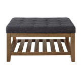 24KF Large Square Upholstered Tufted Linen Ottoman Coffee Table, Large Footrest Ottoman with Solid Wood Shelf- Charcoal 24KF